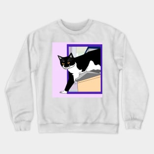 Cute Tuxedo Cat up high. Stepping outside the box Copyright by TeAnne Crewneck Sweatshirt